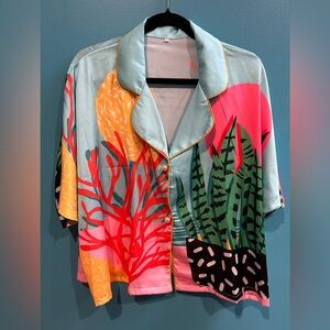 Colorful Tropical Print Button-Up Lounge Set Pop Art